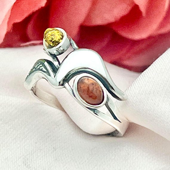 Silver Retro Amber Statement Ring-925 Sterling-Na… - image 3