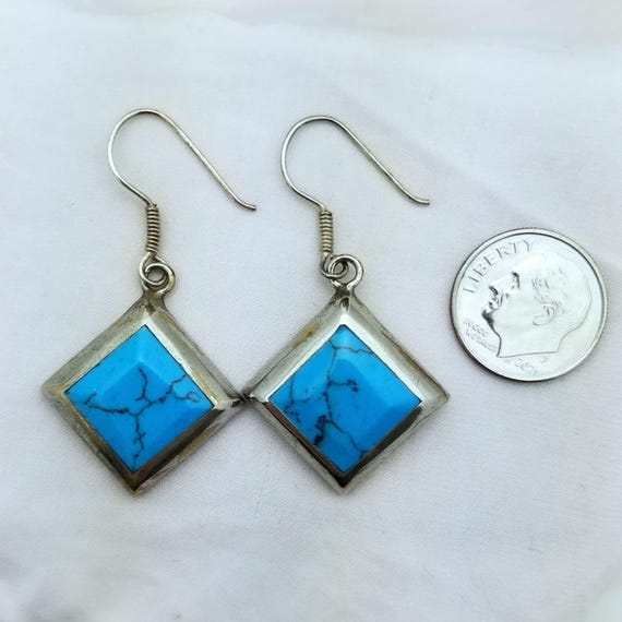 Silver Diamond Shape Turquoise Dangle Earrings-St… - image 5