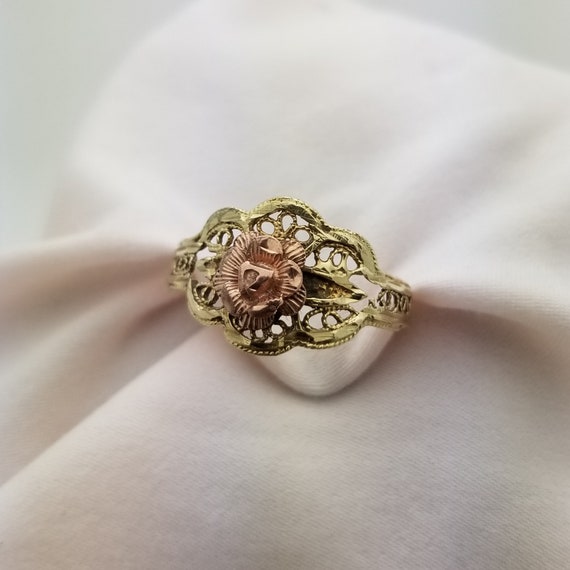 10K Rose and Yellow Gold Filigree Ring, Vintage, … - image 2