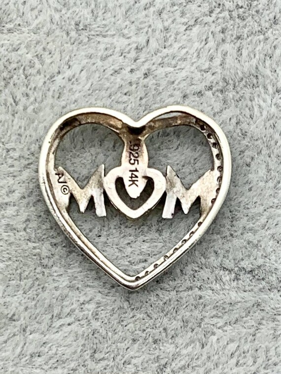 Sterling & 14K Gold Diamond "Mom" Heart Pendant- … - image 2