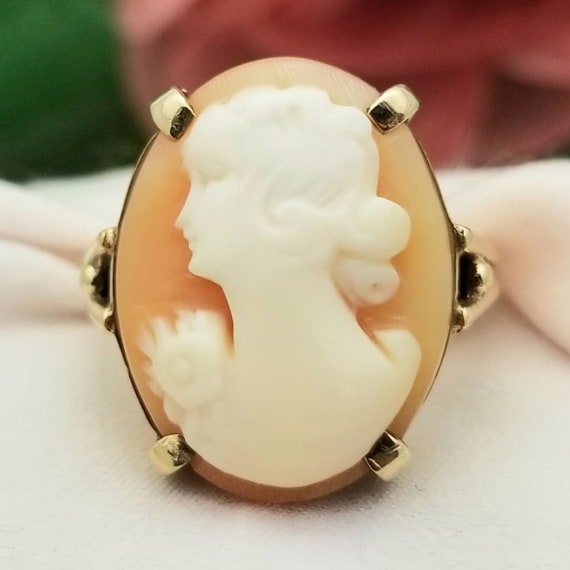 10K Gold Vintage Classic Cameo Ring-1900s-Hand Ca… - image 1