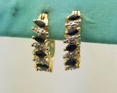 Vermeil Sapphire Hoop Huggie Earrings, Gold over Silver, Vintage, 3/4" Hanging
