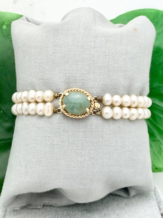 14K Gold Jadeite Clasp Double Pearl Strand Bracel… - image 1