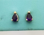 14K Yellow Gold Amethyst Stud Earrings - Pear Shape - Vintage - 1/2 Carat - 7mm
