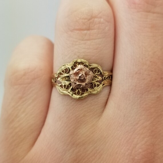 10K Rose and Yellow Gold Filigree Ring, Vintage, … - image 1