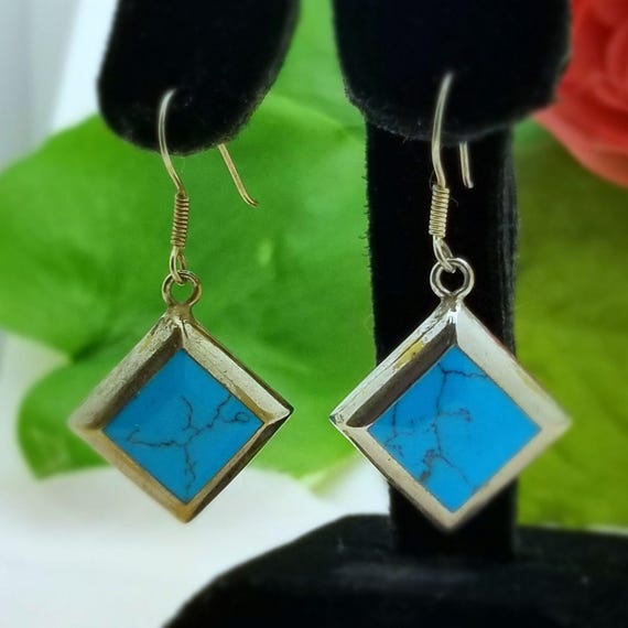 Silver Diamond Shape Turquoise Dangle Earrings-St… - image 1