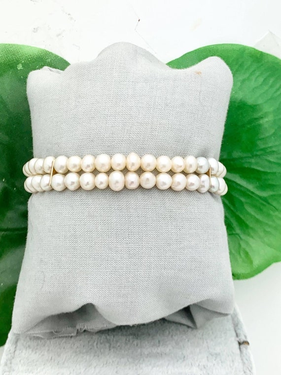 14K Gold Jadeite Clasp Double Pearl Strand Bracel… - image 2