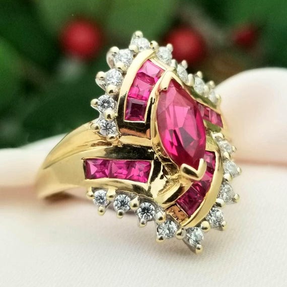 10K Ruby& Cubic Zirconia Cluster Ring-Yellow Gold… - image 2