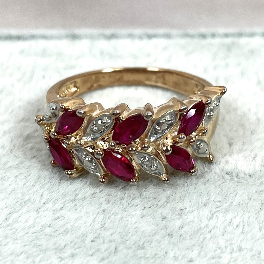 Ruby Simulant Vermeil Simulant Ruby and Diamond Ring, Estate, Gold Plated Sterling ...