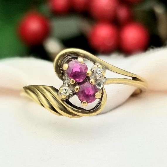 10K Round Ruby and Diamond Bypass Ring-Yellow Gol… - image 1