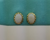 14K Yellow Gold and Opal Earring Studs, Vintage, Detailed Setting, Petite