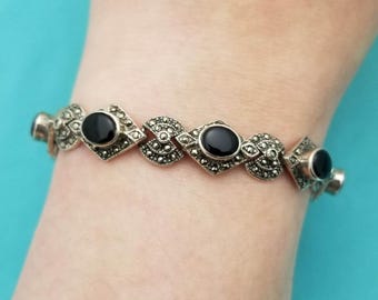 Vintage Sterling Silver Black Onyx and Marcasite Tennis Bracelet-1930s-7.5"