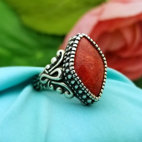 Silver Chinese Red Coral Filigree Ring-925-Sterli… - image 4