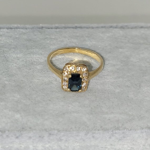 14K YG Emerald Cut Sapphire with Diamond Halo Rin… - image 3