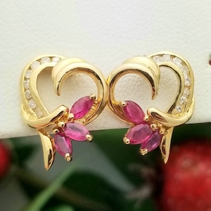 14K Ruby & Diamond Heart Earrings-Yellow Gold-4mm Synthetic Rubies-Vintage