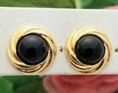 14K Gold and Onyx Earrings-Yellow Gold-Lightweight-Natural-10mm Onyx-Vintage