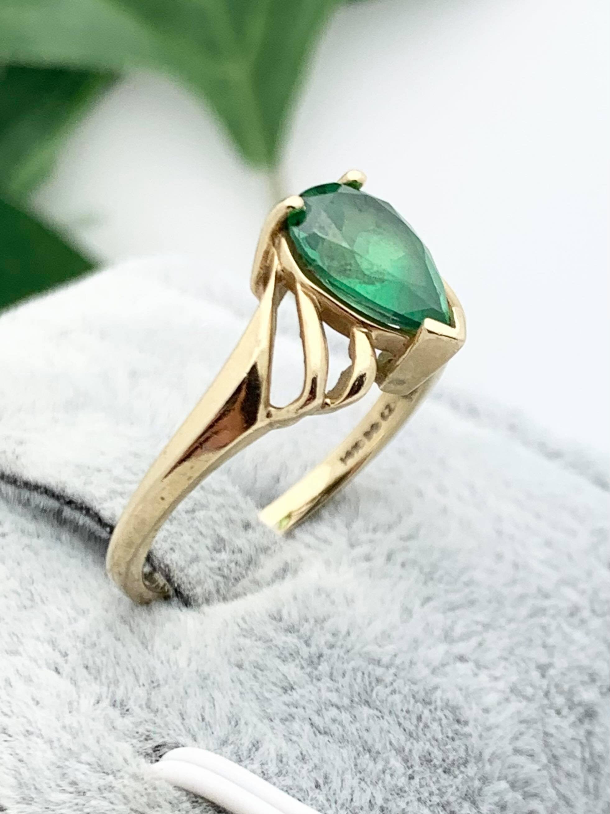 14K Gold Synthetic Emerald Teardrop Ring Vintage Estate Etsy