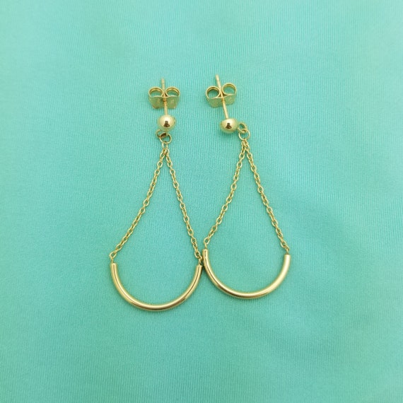 14K Gold Half-Moon Chain Dangle Earrings, Swing a… - image 7