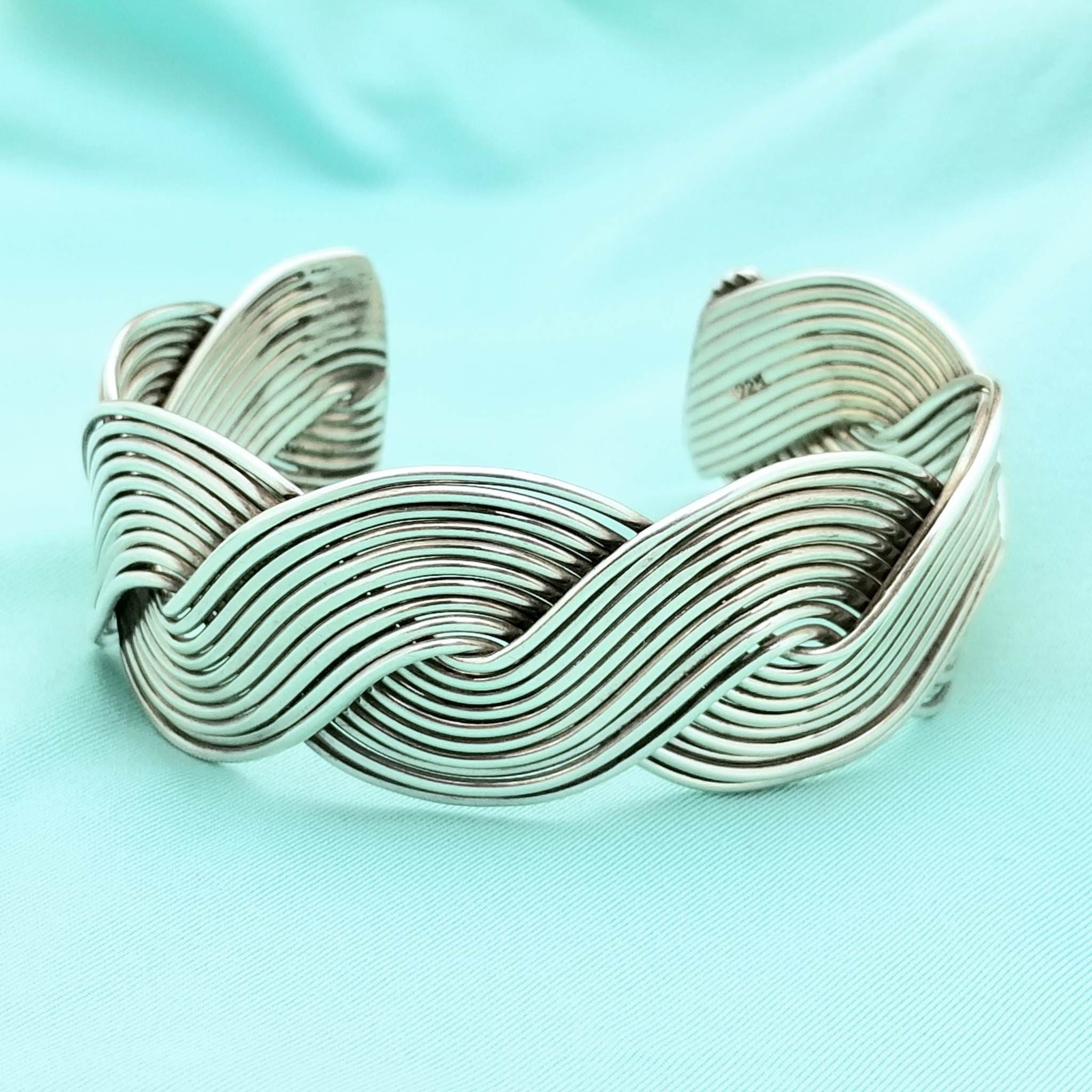 ヴィンテージ！Silver Wavy Curve ブレスレット Sterling Silver Braided Wave Cuff Bracelet-925-heavy-1