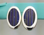 Vintage Artisan Sterling Silver Purple & Blue Striped Inlaid Oval Earrings