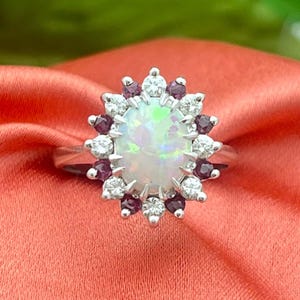 14K Opal, Ruby & Diamond Cocktail Ring-LARGE-White Gold-3.5tcw-Natural-Vintage