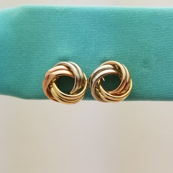 10K Tri-Color Gold Love Knots Earrings, White, Ro… - image 1