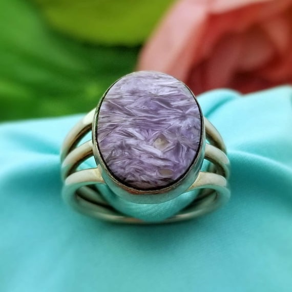 Silver Oval Purple Charoite Split Shank Ring-925-… - image 1