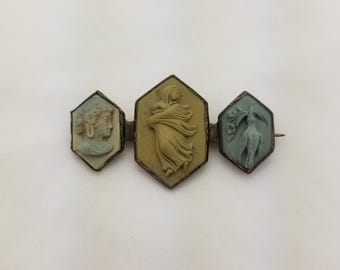 Carved Lava Profile, Figure & Dove Cameo Brooch, Vintage Italian, 2"