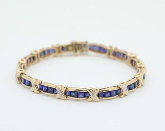 Vintage 10K Yellow Gold-Synthetic Princess Cut Sapphire-Diamond Bracelet-7” Long