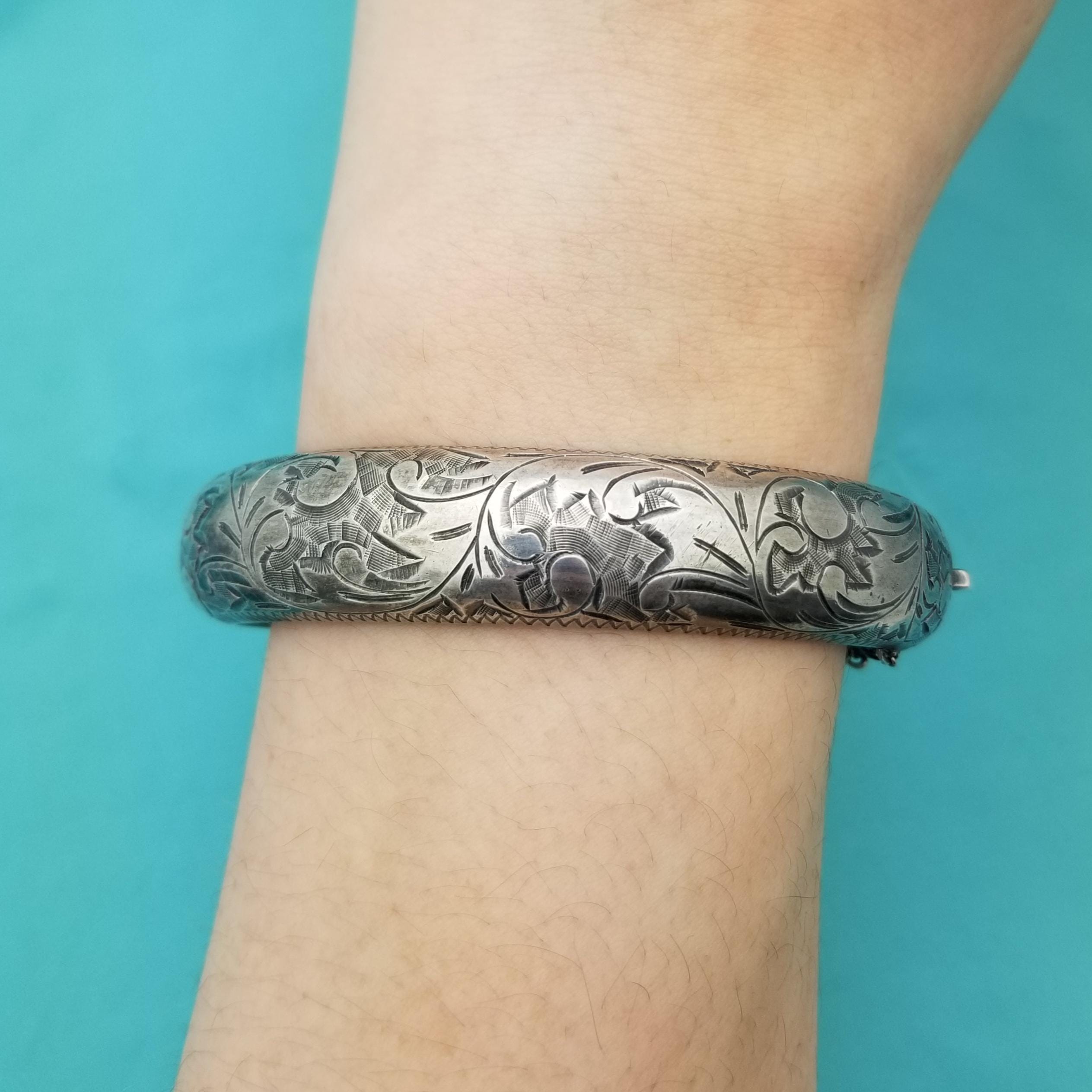 Vintage Sterling Silver Floral Engraved Bangle, Safety Chain