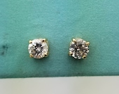 CZ Stud Earrings in Yellow Metal Settings, 5.2mm Each, Large Solitaire, Vintage