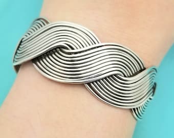 ヴィンテージ！Silver Wavy Curve ブレスレット Sterling Silver Braided Wave Cuff Bracelet-925-heavy-1