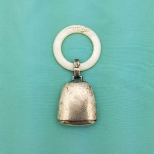Antique 1940 Sterling Silver Bell Baby Rattle with Mother of Pearl Teething Ring, Baby Shower Gift