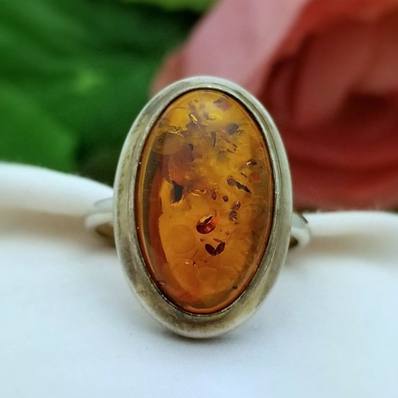 Silver LARGE Oval Baltic Amber Ring-Sterling-Natu… - image 1