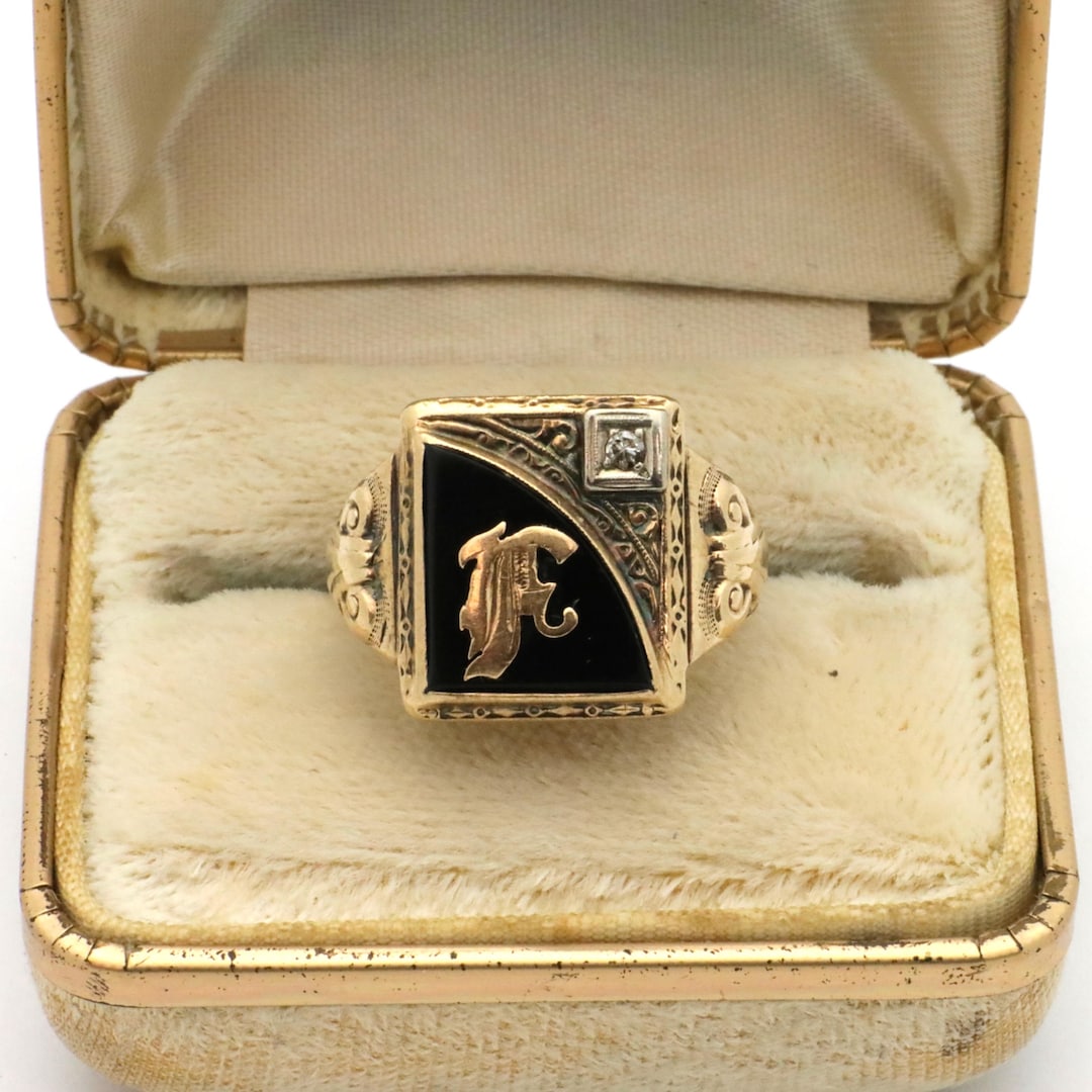 10K Onyx Initial F Ring With Diamond, Signet, Yellow Gold