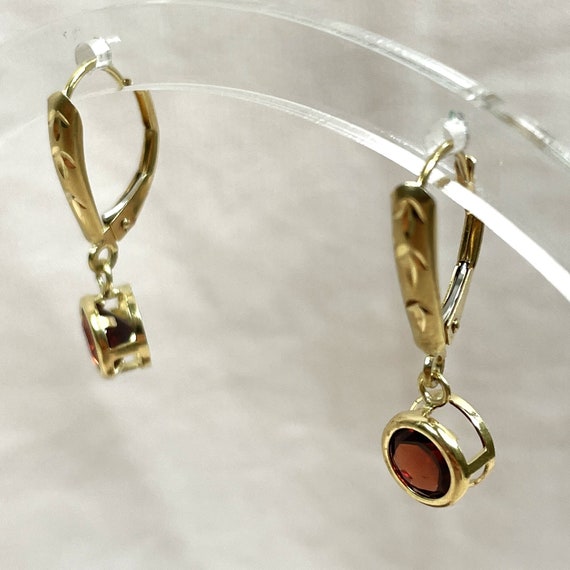 14K Garnet Drop Earrings, Yellow Gold Dangle, Bez… - image 1