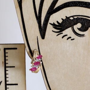 Vintage 1970’s 14K Yellow Gold Marquise Ruby & Diamond J-Style Earrings-.50”Long