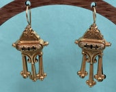 Vintage Gold Plated Etruscan Drop Earrings, Enamel Details, Estate, 1.5" Long