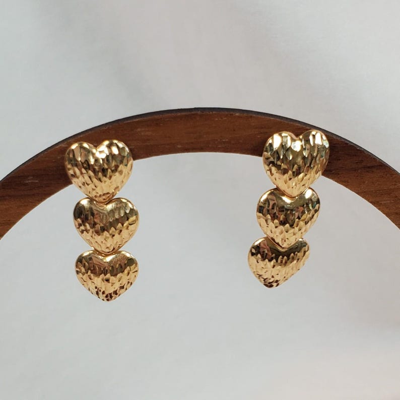 14K Triple Heart Dangle Earrings, Estate Yellow Gold, Diamond Cut