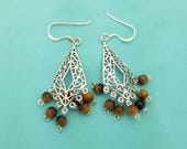 Sterling Silver Filigree Tiger's Eye Bead Chandelier Earrings, Vintage, 1.5" Long Dangle, Healing and Strength, Gift for Her