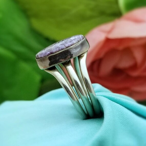 Silver Oval Purple Charoite Split Shank Ring-925-… - image 6