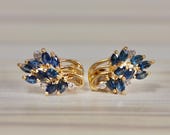 14K Yellow Gold, Natural Blue Sapphire Diamond Cluster Earrings, Marquise Cut, 2.0 TCW