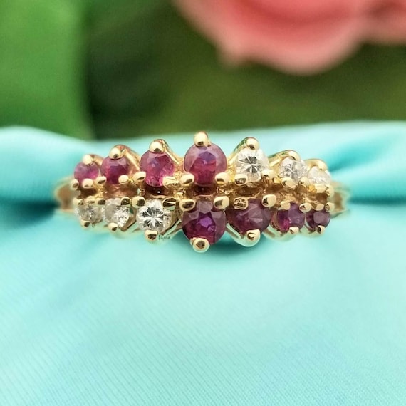 14K Yellow Gold Ruby Diamond Ring - Double Row Sp… - image 3