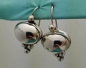 Vintage Sterling Silver Retro Puffy Oval Drop Earrings-Heavy-1.25'' Long-Unique