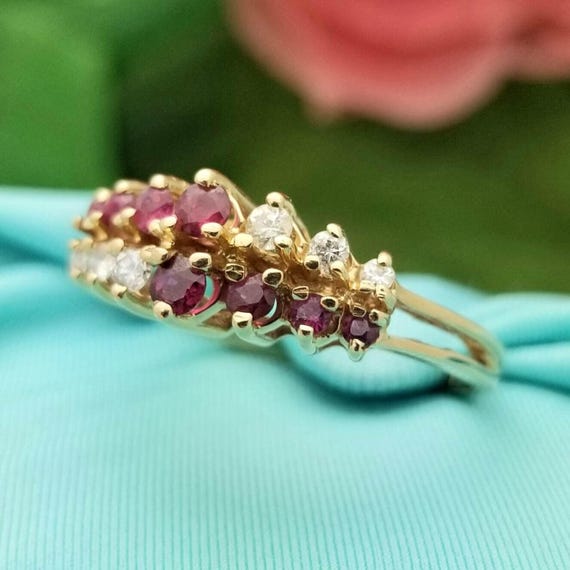 14K Yellow Gold Ruby Diamond Ring - Double Row Sp… - image 1