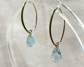 14K Blue Topaz Dangle Earrings, Vintage, Checkerboard Cut Teardrops, Yellow Gold