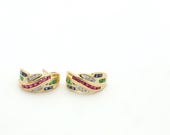 Vintage 1980’s 14K Yellow Gold Ruby, Emerald, Sapphire, Diamond C-Shape Earrings