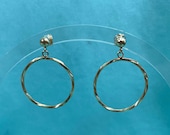 14K Yellow Gold Hanging Circle Earrings, Estate, Twisted Texture, 1" Long