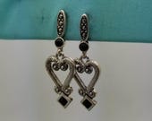 Vintage Sterling Silver Black Onyx Marcasite Heart Dangle Earrings-1 5/8'' Long