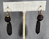 14K Victorian Antique Mourning Woven Hair Earrings, Dangles, In Remembrance, Commemorative Jewelry